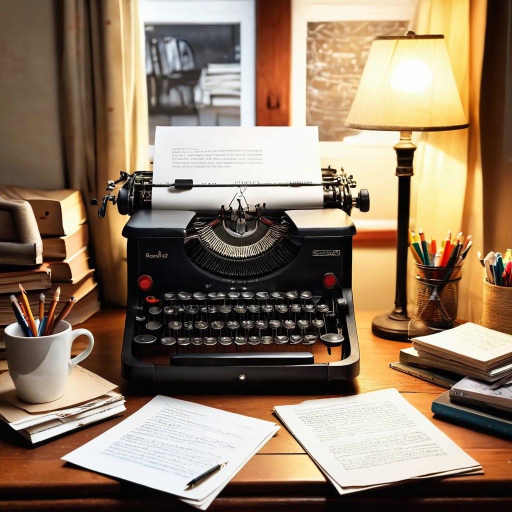 A creative workspace featuring a vintage typewriter surrounded by scattered pages filled with captivating text and colorful sketches. A warm, inviting ambiance with a glowing desk lamp illuminating the space, and an array of books on writing techniques in the background. A soft cup of coffee and art supplies add a cozy touch, emphasizing the process of content creation for adults. artistic photography. warm colors. natural light.