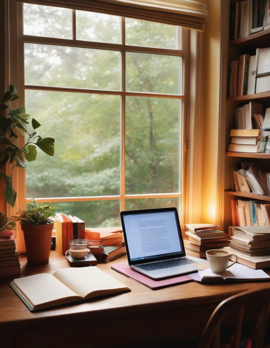 A beautifully arranged workspace featuring a laptop open to a digital diary, surrounded by colorful stationery, a steaming cup of coffee, and creative writing notes. In the background, a cozy bookshelf filled with inspiring books and a window showing a serene outdoor view, symbolizing creativity and self-expression. Soft, warm lighting enhances the inviting atmosphere, inviting readers to explore their own writing journey. super-realistic. warm colors. inviting ambiance.