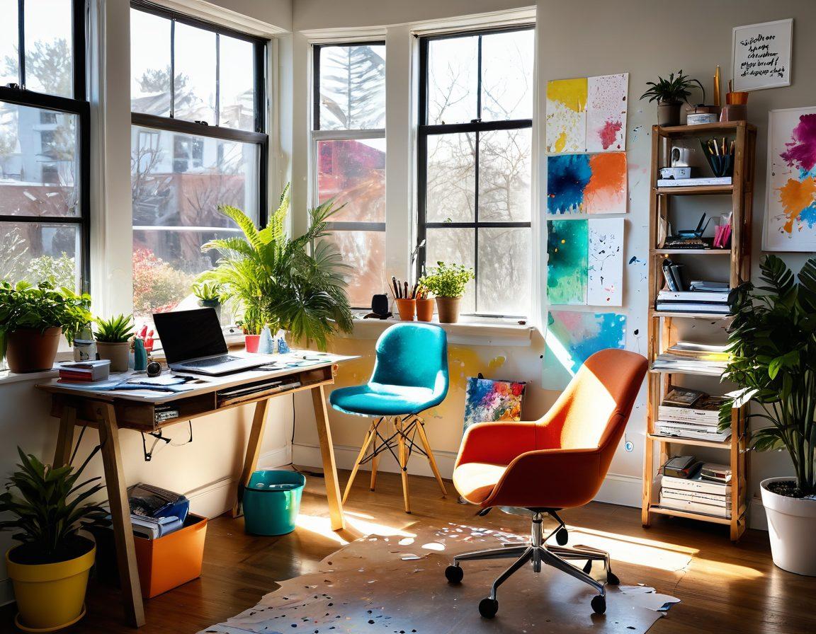 A vibrant workspace filled with art supplies, notebooks, and a laptop, with scattered sketches and inspirational quotes. Sunlight streaming through a large window, illuminating colorful paint splatters on a canvas. Include a cozy chair and potted plants to create a motivating atmosphere. Capture the essence of creativity flowing in a modern setup. vibrant colors. super-realistic.